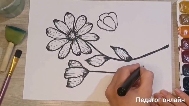 Простой весенний рисунок пошагово. Рисуем цветы маркером и акварелью