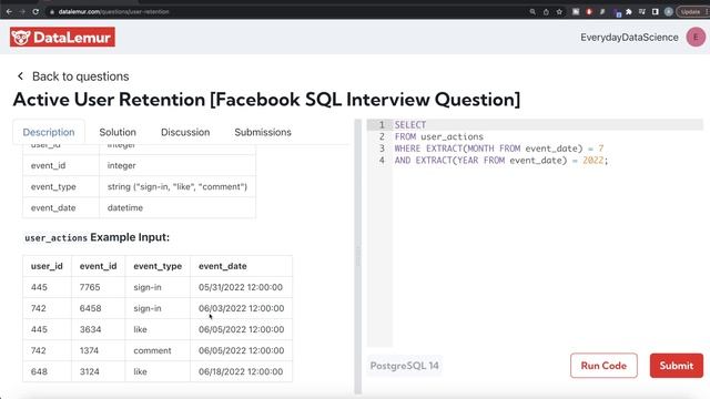 FACEBOOK/META Interview Question Solved - SQL | "Active User Retention" | Everyday Data Science