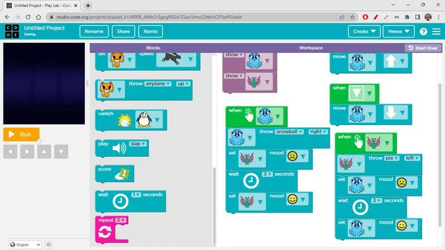 Octopus Vs Bat game in Play lab (Pre reader) of code.org