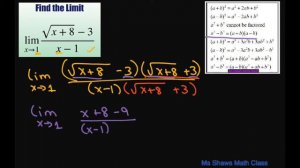 Find the limit as x approaches 1 of ((sqrt(x +8) -3)/(x-1)