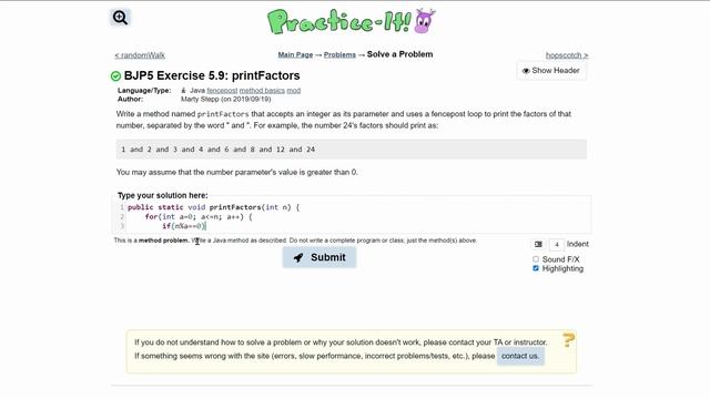 Java Practice It | Exercise 5.9: printFactors | fencepost, method basics, mod, for loop, if statmen смотреть онлайн