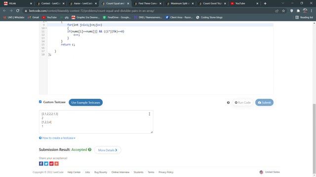 Count Equal and Divisible Pairs in an Array LeetCode Contest ||biweekly 72 c++ смотреть онлайн