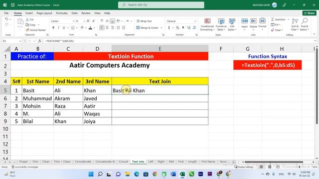 ?️ Text Join Function Explained in Urdu / Hindi | Learn MS Excel with Aatir Academy 2022