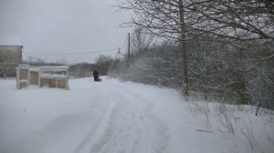 Мотоблок с деревянным отвалом чистит снег