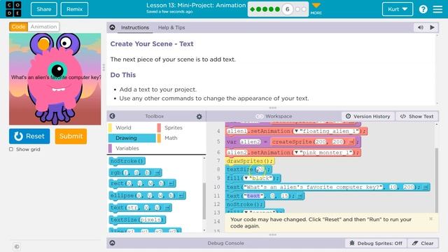 Code.org Lesson 13 Mini-Project Animation | Tutorial with Answers | Complete Lesson
