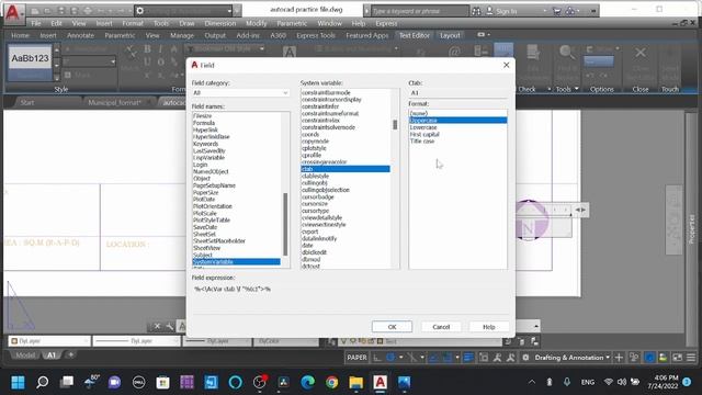 Autocad "insert field in text" | SystemVariables | ctab