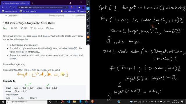 1389  Create Target Array in the Given Order | Zero to FAANG Kunal | Assignment Solution | Leetcode