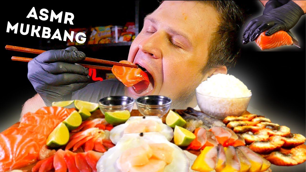 (Без разговоров) МУКБАНГ & СЫРЫЕ МОРЕПРОДУКТЫ & САШИМИ с острым соусом, АСМР МУКБАНГ