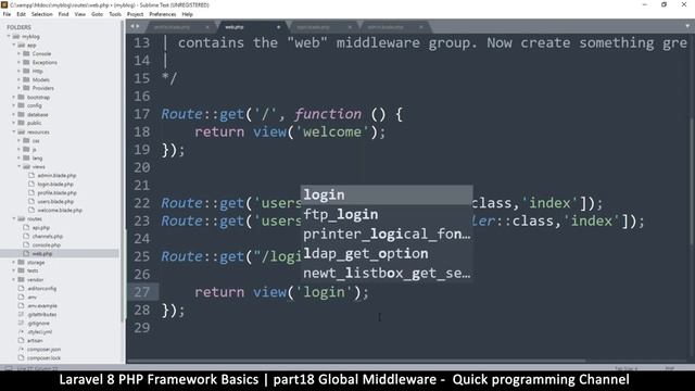 #18 Laravel 8 PHP Framework Basics | Global Middleware | Quick programming tutorial
