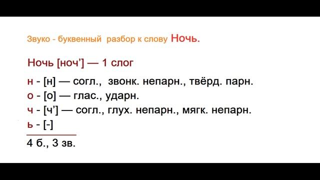 Звуко – буквенный  (фонетический)  разбор  к   слову Ночь