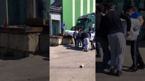 #Разгрузка контейнера вручную с рулонами по 300 кг.