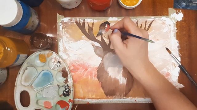 Рисуем интерьерную картину, зима. Рисуем оленя. Картина для интерьера, олень. Зима гуашью.