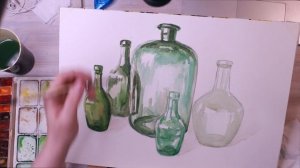 Зелёные бутылки акварелью / Speed Paint