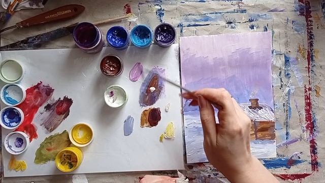Зимний пейзаж гуашью | Дом на опушке леса