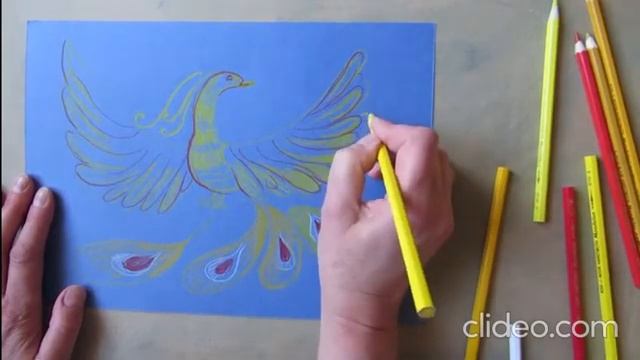 Урок для детей художника Галины Складановской "Чудо-птица (Жар-птица, Феникс)" цветными карандашами