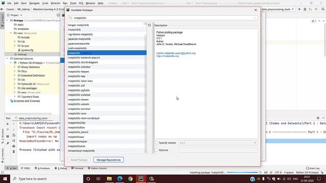 Python Packages Numpy, Matplotlib, Pandas, Sklearn in PyCharm