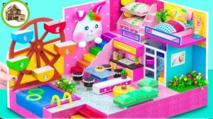 Миниатюрный домик для кукол вращающуюмся водной горкой, 3 спальни, кухня и гостинная из картона #39