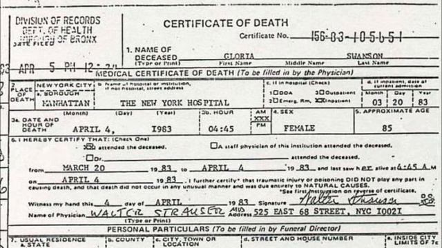 GLORIA SWANSON DEATH CERTIFICATE смотреть онлайн