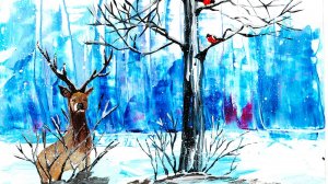 Рисуем зиму в лесу. Рисуем зимний пейзаж. Рисуем оленя. Зимняя сказка гуашью. снегири.