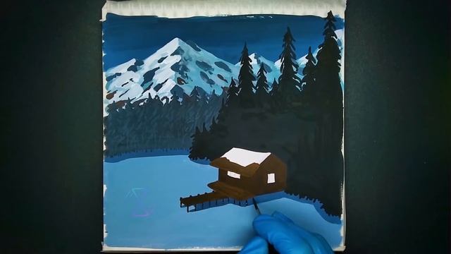Атмосферный пейзаж домика на берегу замёрзшего озера ❄ (рисунок темперой)