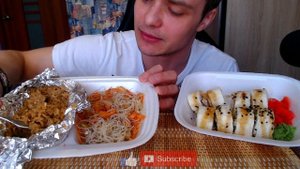 Мукбанг Суп Кимчи, Суши Ролл Фиеста, Салат с фунчозой, Рис С Цыплёнком в Китайском соусе Mukbang
