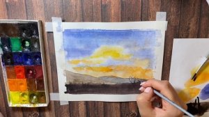 Пейзаж для начинающих. Закат в горах акварелью. Рисуем осень поэтапно