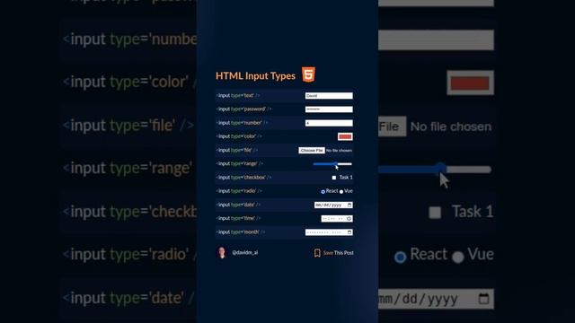 #HTML input types cheat sheet #css #frontend #webdev #reactjs