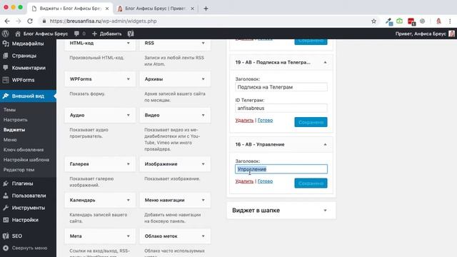 Как добавить виджеты: рубрики, подписка на телеграмм, управление и архивы на сайт на WordPress смотреть онлайн