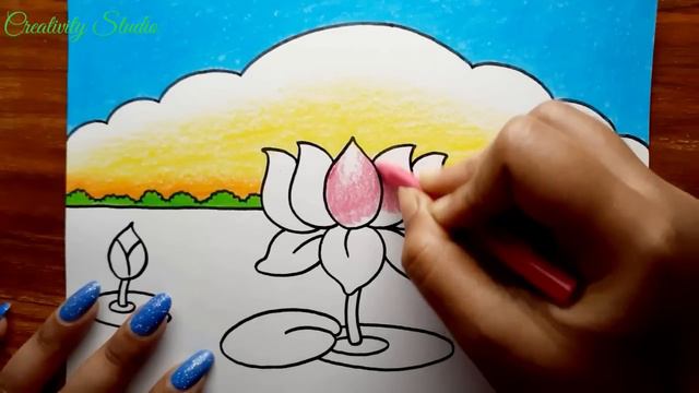 Lotus Scenery Drawing || Lotus Flower Drawing for Beginners || कमल का फूल ||Creativity Studio. смотреть онлайн