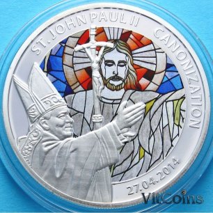 Монета 100 франков. Иоанн Павел II, витраж. Канонизация. Coin of Togo 100 francs.