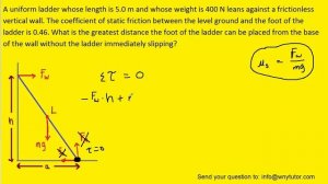 A uniform ladder whose length is 5.0 m and whose weight is 400 N leans against a frictionless verti