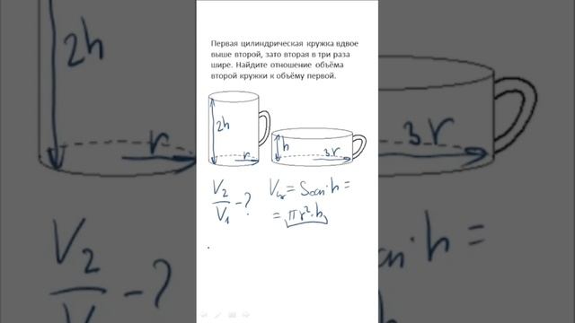 ЕГЭ по математике. Задание 2. Найдите отношение объёма второй кружки к объёму первой