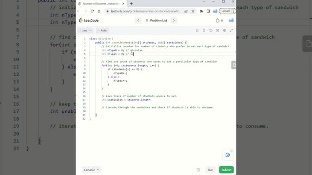 LeetCode 1700 | Number of students unable to eat lunch | Java solution | #leetcodesolution