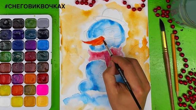 Акварельный Снеговик - урок рисования для детей красками смотреть онлайн