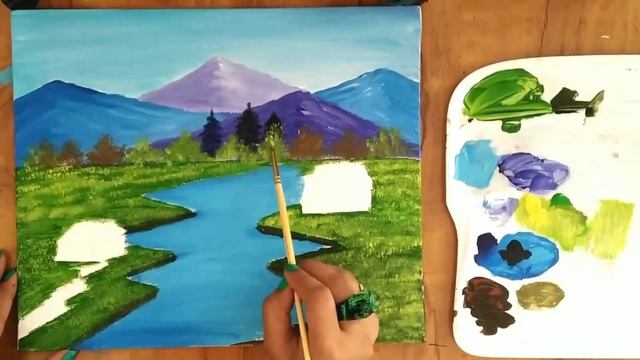 Beautiful Nature Landscape Acrylic Painting / How to Paint a Simple Riverside Scenery Painting / смотреть онлайн