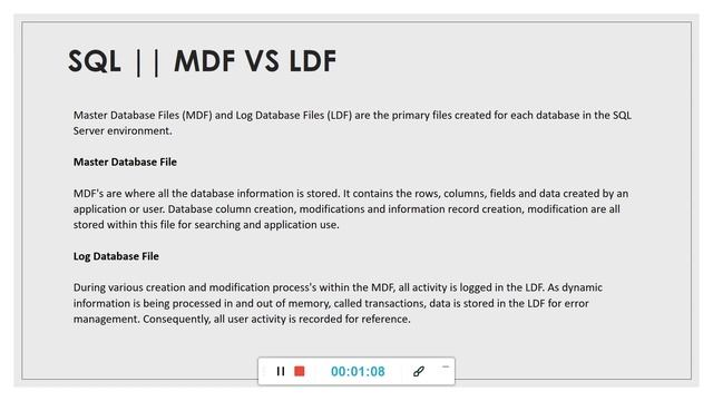 MDF Vs LDF in SQL Server || Master data File Vs Log Data File || Database смотреть онлайн