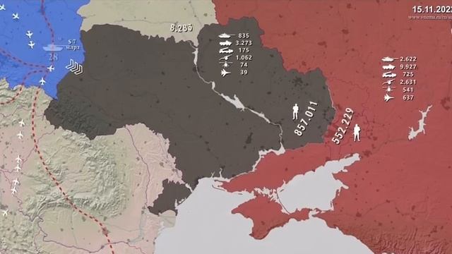 Видеоинфографика, демонстрирующая баланс сил между ВС РФ и ВСУ.