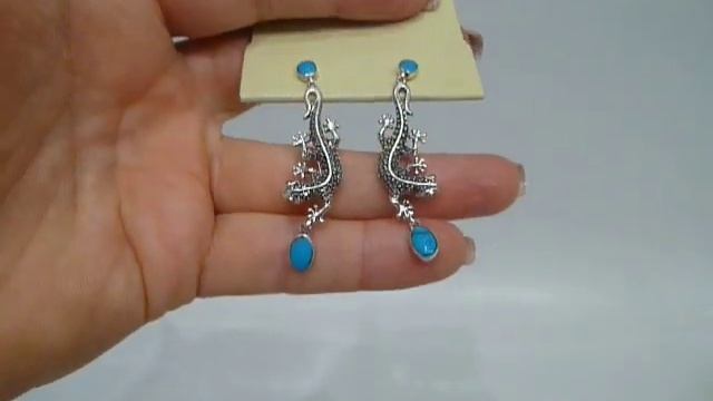 Серьги с натуральной аризонской бирюзой и марказитами Ящерицы Серебро 925 смотреть онлайн