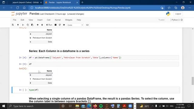 Lecture 17 : Pandas 2: Introduction to Pandas's Data structures | #ML | #Python