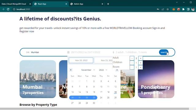 Mern Stack Hotel Rooms booking using React,Postman,MongoDb Atlas,mongoose.Node js,Express