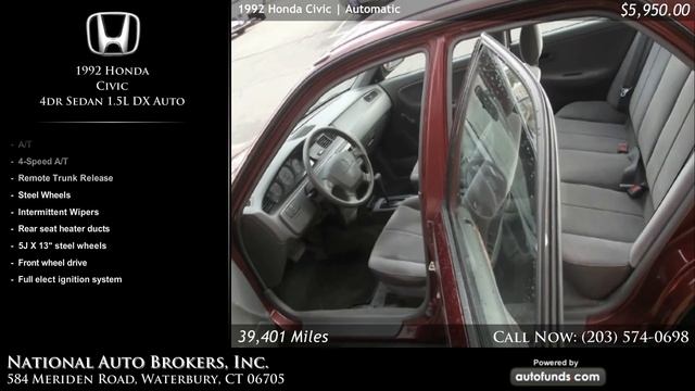 1992 Honda Civic 4dr Sedan 1.5L DX Auto  National Auto Brokers Inc. Waterbury CT - SOLD