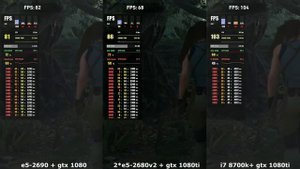 e5 2690+gtx 1080 vs 2#e5 2680v2+gtx 1080ti vs i7 8700k+gtx 1080ti в игре Shadow of the Tomb Raider
