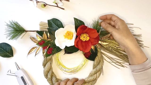 しめ縄飾りの作り方【簡単!】【① 紅白椿のしめ縄リース】　お正月飾り  　#しめ縄　#しめ縄飾り　#お正月飾り