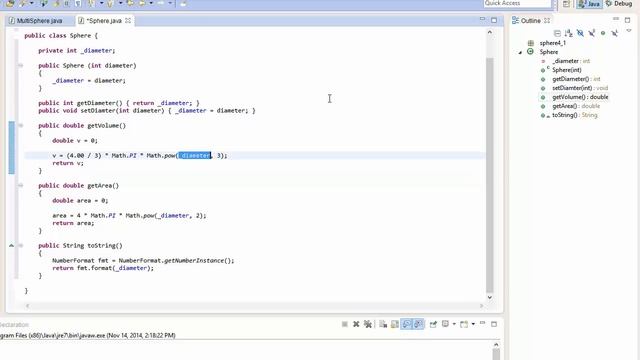 4-1 Java: Creating Sphere Class (Java OOP, Classes, Objects, Math class, Methods)