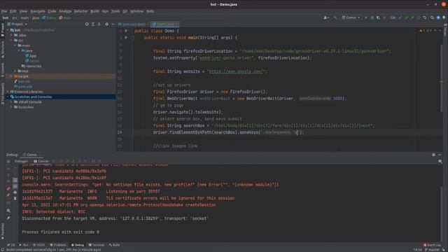 Create a web bot. Java 8, Selenium, maven, and firefox