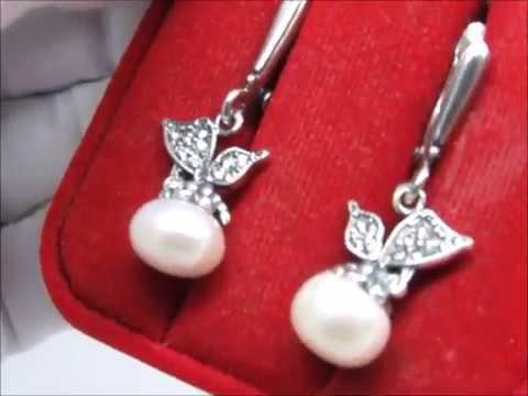 Серьги с подвесками Бабочки натуральный белый жемчуг недорого 2037 103
