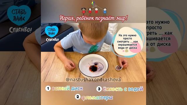 Детские эксперименты / Опыты с детьми / ЭКСПЕРИМЕНТ С ВАТНЫМ ДИСКОМ И ФЛОМАСТЕРОМ