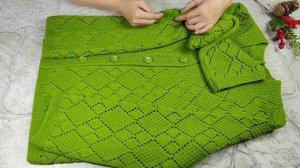 Вяжем женский кардиган на пуговицах спицами. Размер 48.