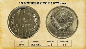 15 Копеек СССР 1961 – 1991 года, цена. Эти монеты у Вас точно есть. Монеты регулярного чекана.
