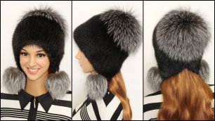 Женская шапка "Машенька" из трикотажа и меха ондатры чёрного цвета и чернобурки натурального цвета